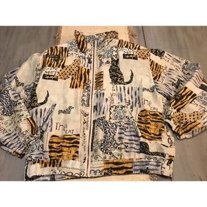 Vtg Silk Zip Front Bomber Jacket Animal Print Dogs Cats Horse Sz L Tiger Leopard